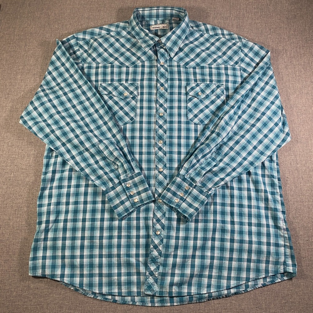 Wrangler Plaid Pearl Snap Western Rancher Shirt Mens Size 2XT Blue Long Sleeve